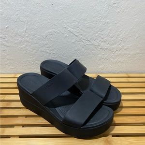 Crocs black wedge sandals, size 10
